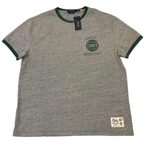 Polo Ralph Lauren Ringer T Shirt Mens Large Gray Ringer Short Sleeve Basketball - Picture 1 of 10